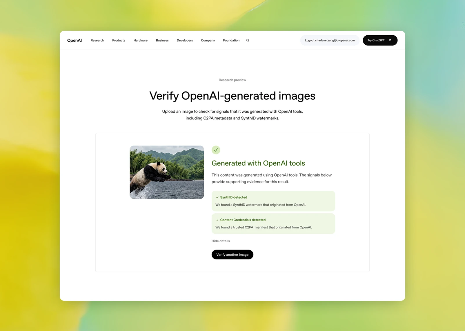 Figure 2: アップロードされた画像の検証結果を示す OpenAI のウェブページ。検出された SynthID と Content Credentials のシグナルに基づき、その画像が OpenAI のツールで生成されたことを確認している。